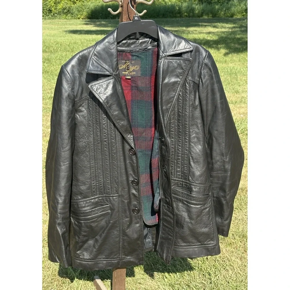 VTG Montgomery Ward Mens Black Leather Red Flannel Lined Peacoat 38R Jacket
